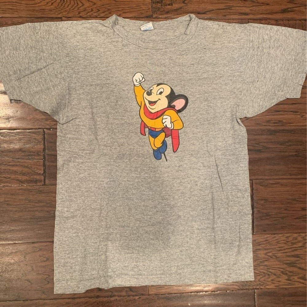 Mighty Mouse Champion Graphic T-shirt Gray Yellow Heathered Crew Neck Tee L